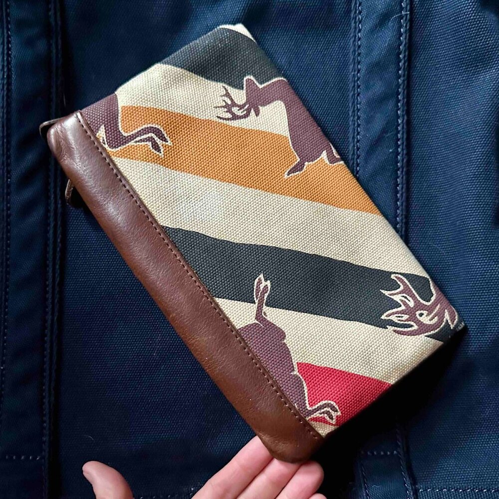 LL Bean Signature Clutch Purse Wallet Striped Deer Print Canvas Leather